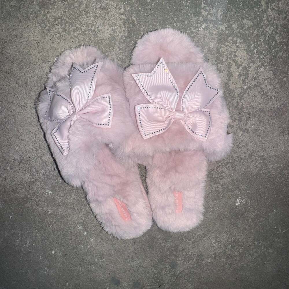 Thalia Sodi Women's Memory Foam Plush Open Toe Slippers with Rhinestone Bow